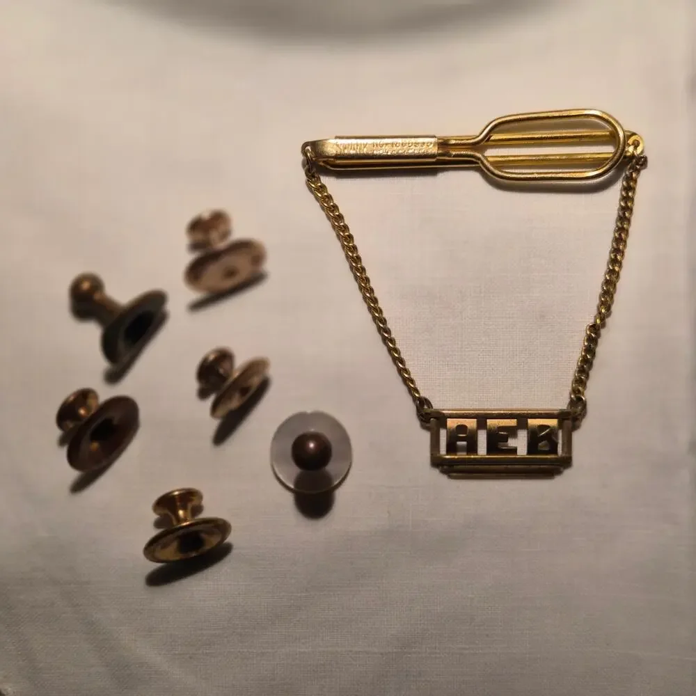Vintage Swank Monogram Tie Chain & Milligan Collar Studs‎ Gold Tone Lot